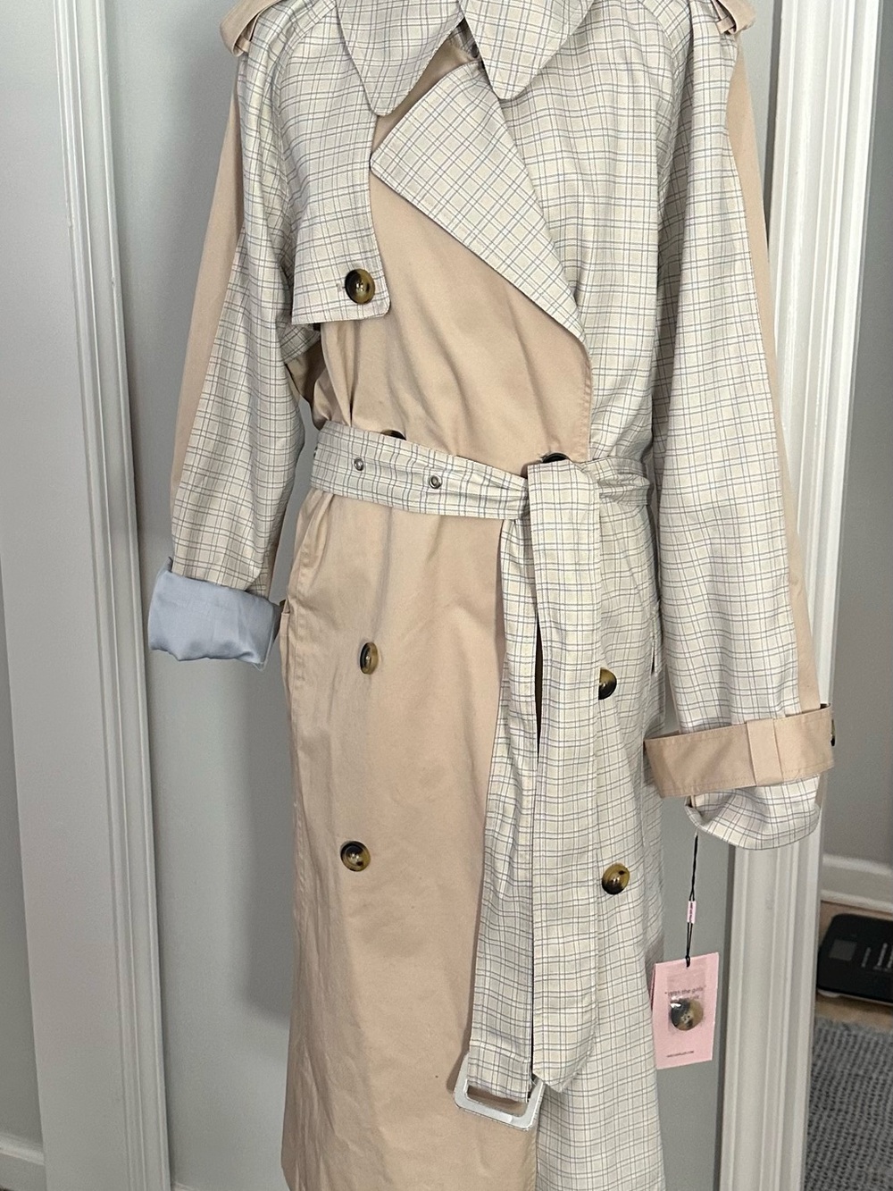 Avec Les Filles Beige and Pink Trench Coat with Plaid Accents